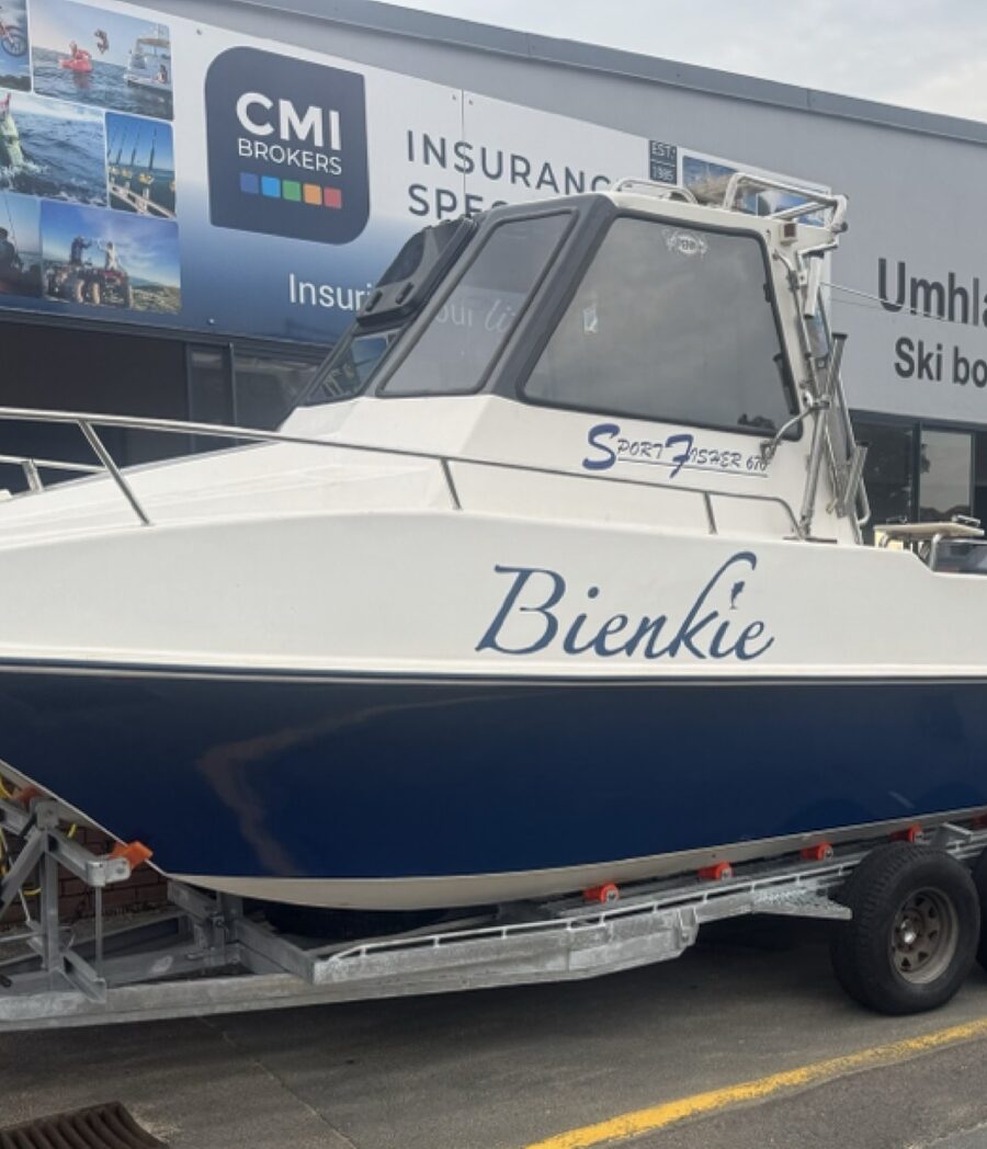 The Bienkie, a SportFisher 670, on her trailer at Umhlanga Country Club